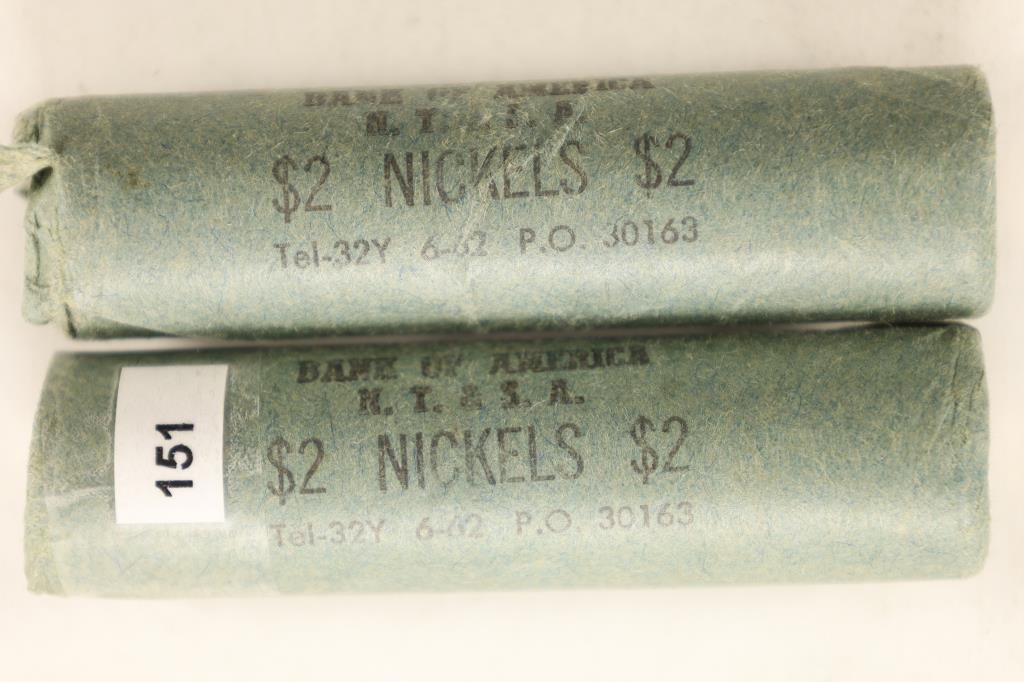 2-SOLID DATE ROLLS OF 1962-D JEFFERSON NICKELS BU: (80 COINS TOTAL)