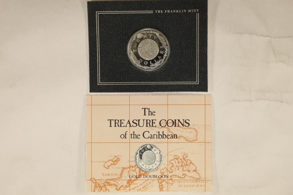 FRANKLIN MINT SILVER $20 TREASURE COINS OF THE: CARIBBEAN, NEW IN FRANKLIN MINT PACKAGING WITH INFO CARD "GOLD DOUBLOON" BRITISH VIRGIN ISLANDS COIN