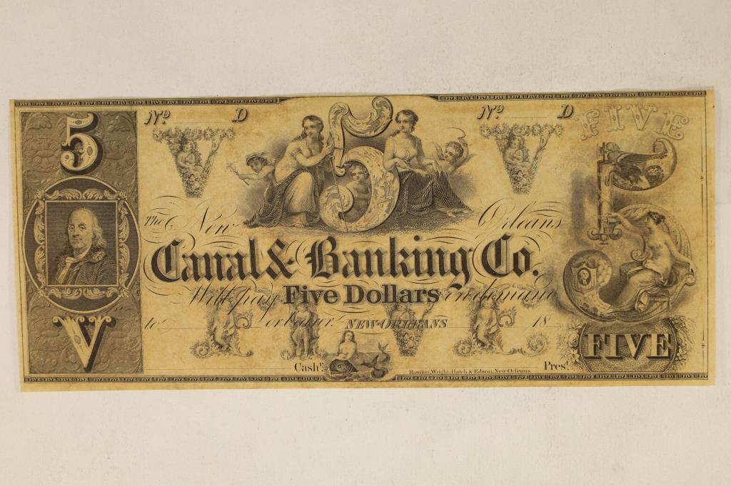 CIRCA 1800'S CANAL AND BANKING COMPANY $5 OBSOLETE: BANK NOTE, CRISP UNC, 1 SMALL FOLD LOWER LEFT
