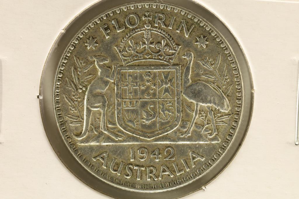 1942 AUSTRALIA SILVER 1 FLORIN .3364 OZ. ASW: WATCH FOR OUR NEXT AUCTION ON MONDAY FEB. 13TH, 2023 AT 7 PM EST