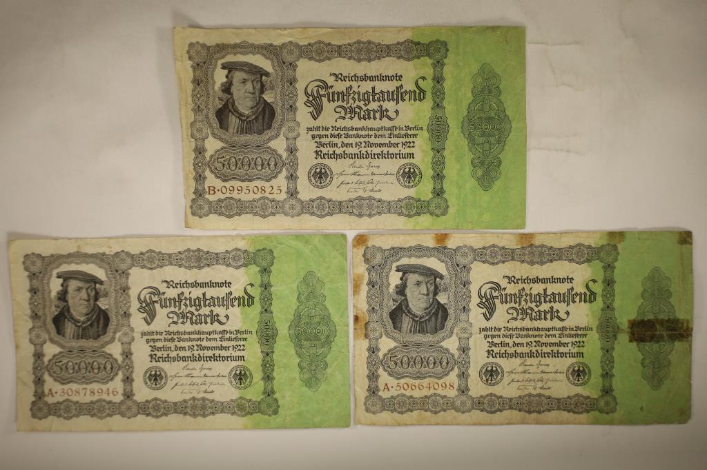 3-1922 GERMAN 50,000 MARK NOTES, 1 WITH OLD TAPE (1 of 2)