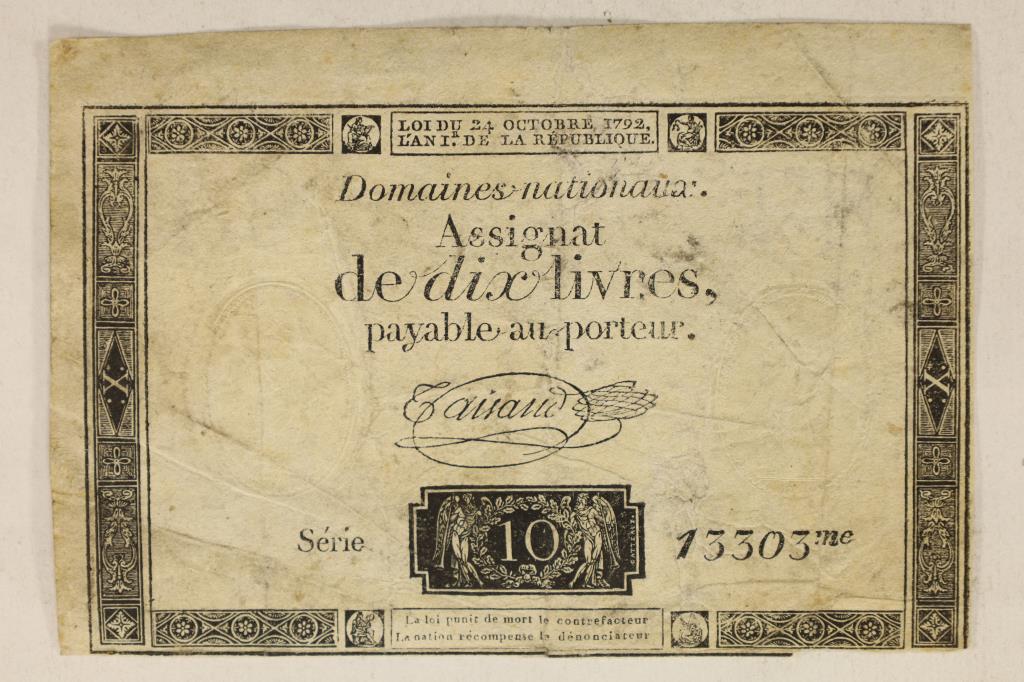 1792 FRANCE 10 LIVERS ASSIGNET NOTE OLD TAPE: WATCH FOR OUR NEXT AUCTION ON MONDAY FEB. 13TH, 2023 AT 7 PM EST