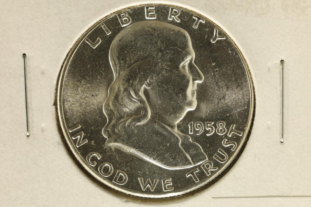1858 SILVER FRANKLIN HALF DOLLAR BRILLIANT UNC (1 of 2)