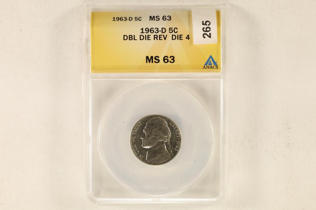 ERROR 1963-D JEFFERSON NICKEL DOUBLE DIE REV. DIE: FOUR ANACS MS63