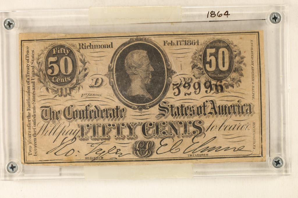 1864 CONFEDERATE STATES OF AMERICA 50 CENT: CURRENCY IN HARD PLASTIC CASE