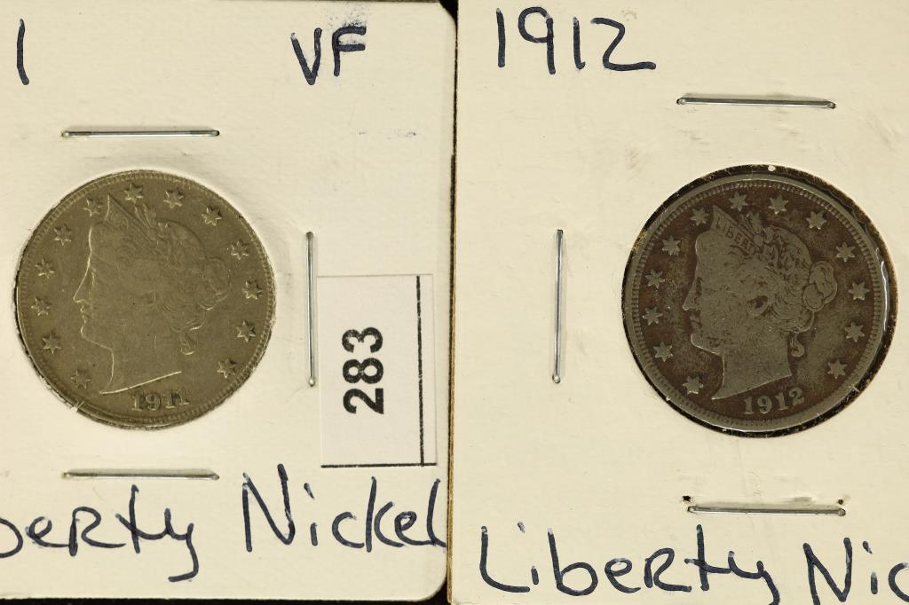 1911 & 1912 LIBERTY "V" NICKELS BOTH VERY FINE: WATCH FOR OUR NEXT AUCTION ON MONDAY FEB. 13TH, 2023 AT 7 PM EST