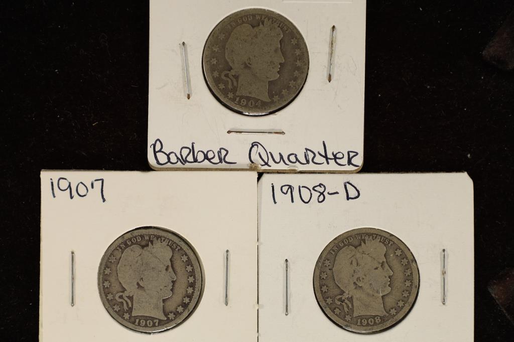 1904, 1907 & 1908-D SILVER BARBER QUARTERS (1 of 2)