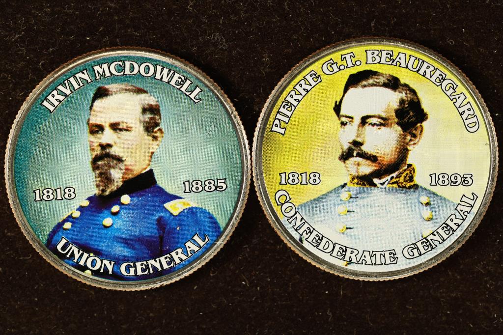 2-BRILLIANT UNC COLORIZED KENNEDY HALF DOLLARS:: IRVIN MCDOWELL UNION GENERAL AND PIERRE G.T. BEAUREGARD CONFEDERATE GENERAL