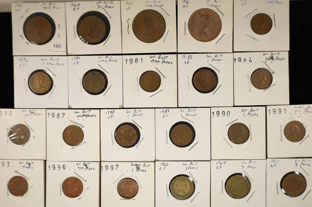 22 GREAT BRITAIN COINS: 2-HALF PENNIES, 17-PENNY &: 3-THREE PENCE