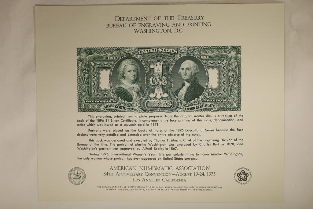 1975 ANA LOS ANGELES, CALIFORNIA SOUVENIR CARD: WITH ENGRAVING OF THE REV OF A 1896 $1 SILVER CERTIFICATE, PRINTED BY THE BUREAU OF ENGRAVING AND PRINTING