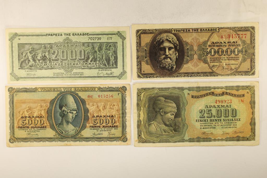 4-GREECE DRACHMAS NOTES: 1944-2000, 1943-5000,: 1943-25,000 AND 1944-500,000