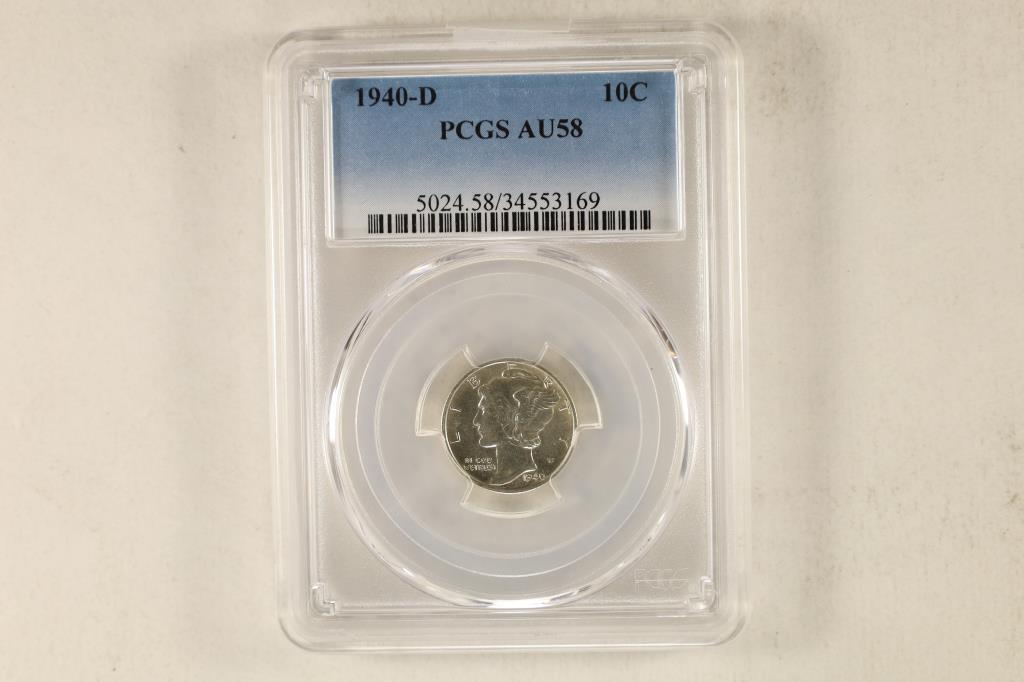 1940-D SILVER MERCURY DIME PCGS AU58: WATCH FOR OUR NEXT AUCTION ON MON. FEB. 27TH, 2023 AT 7 PM EST