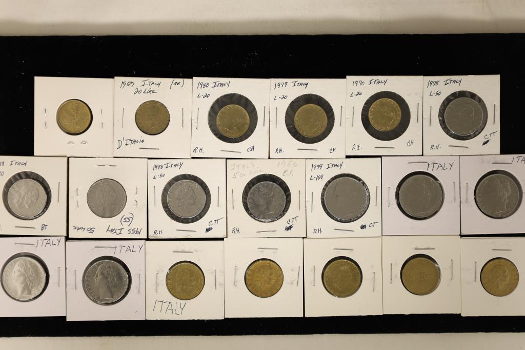 20 ASSORTED ITALIAN COINS: 5-20 LIRE, 5-50 LIRE, (1 of 2)