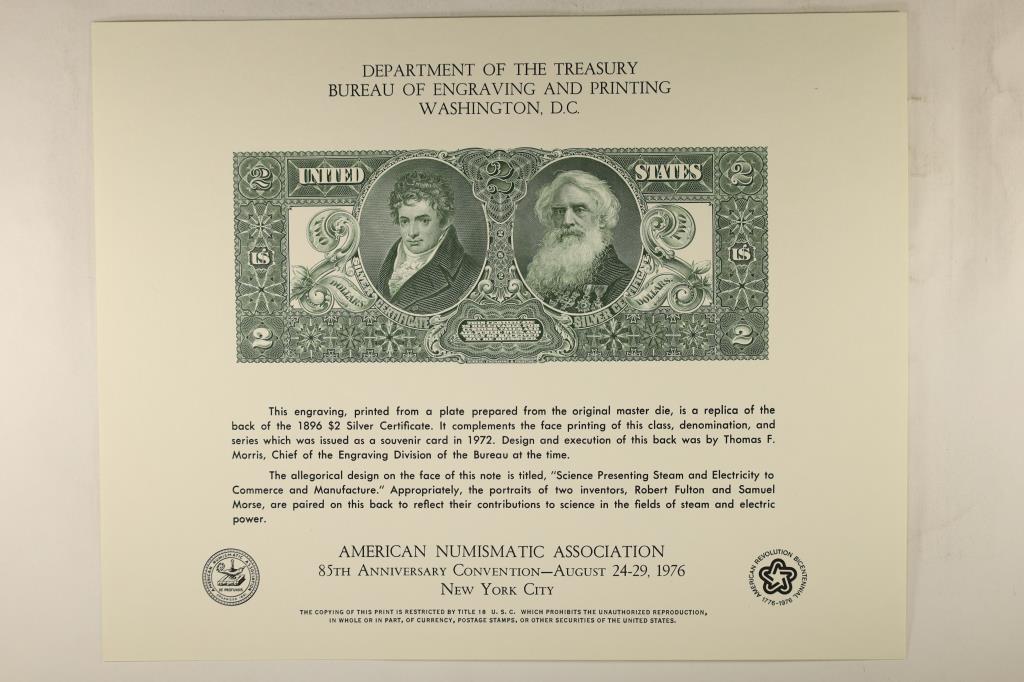1976 ANA NEW YORK CITY SOUVENIR CARD OF A 1896: REV $2 SILVER CERTIFICATE, PRINTED BY THE BUREAU OF ENGRAVING AND PRINTING