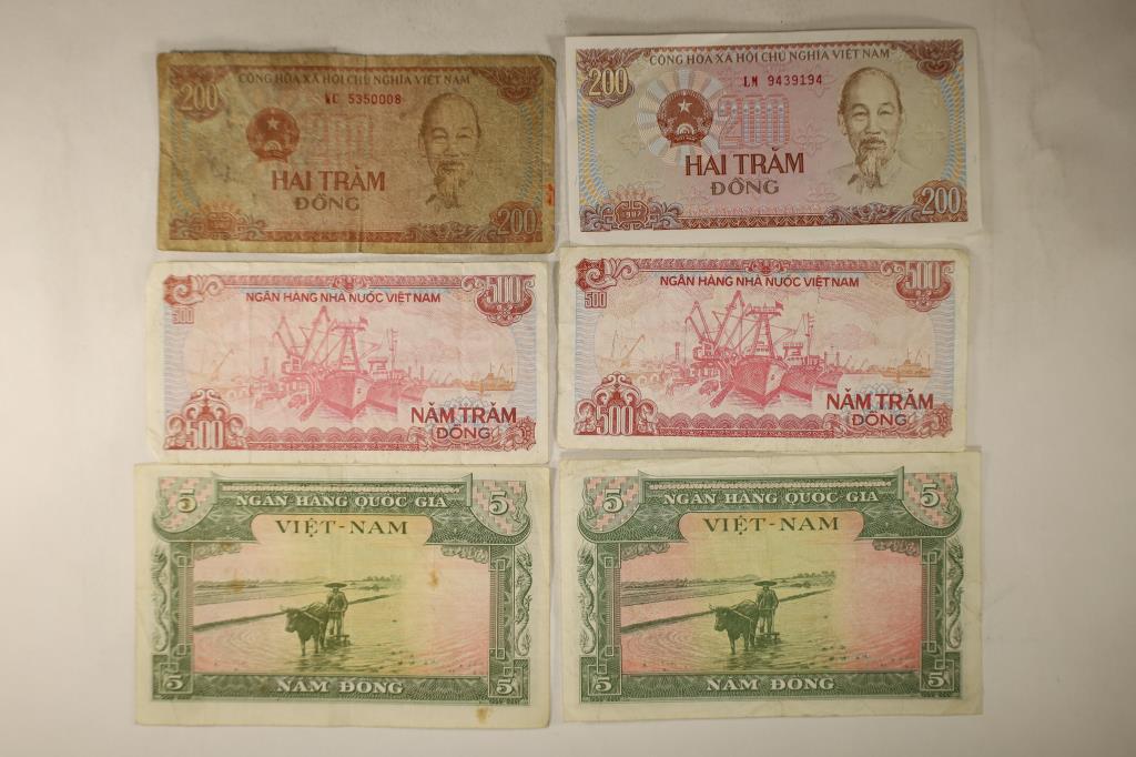 6 VIETNAM DONG BILLS: 2-FIVE DONG, 2-1987 TWO: HUNDRED DONG AND 2-1988 FIVE HUNDRED DONG