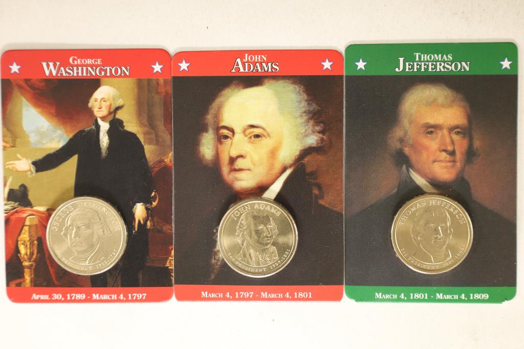 3-BRILLIANT UNC PRESIDENTIAL DOLLARS ON: CARDBOARD INFO CARD: GEORGE WASHINGTON, JOHN ADAMS AND THOMAS JEFFERSON