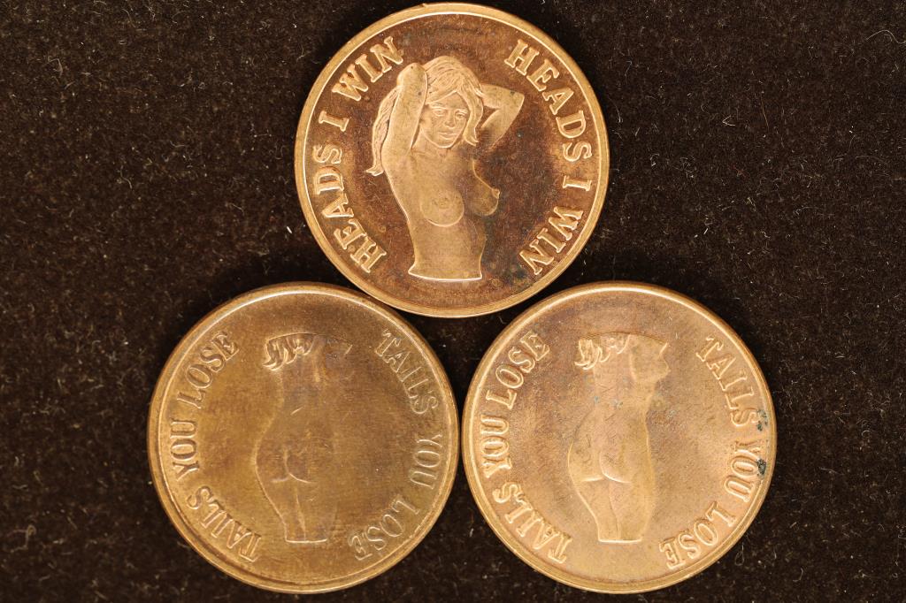 3 ADULT THEMED METAL FLIPPER TOKENS (1 of 2)