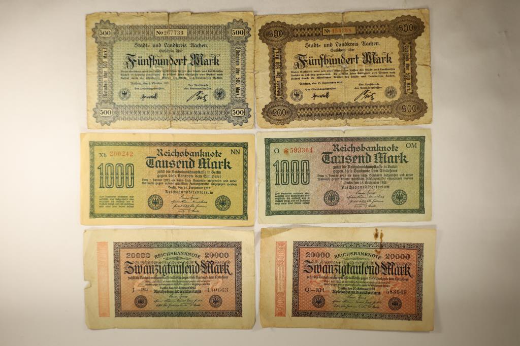 6-GERMAN MARK BILLS: 2-1922-500 MARK, 2-1922-1000: MARK AND 2-1923-20,000 MARK