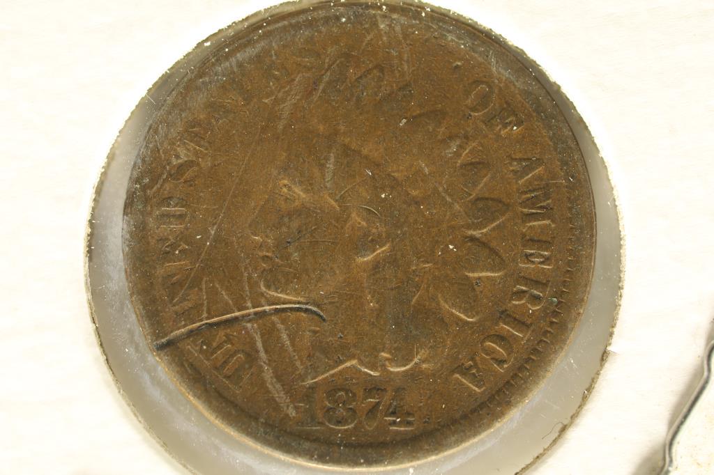 1874 INDIAN HEAD CENT SEMI-KEY SCRATCHES ON OBV (1 of 2)