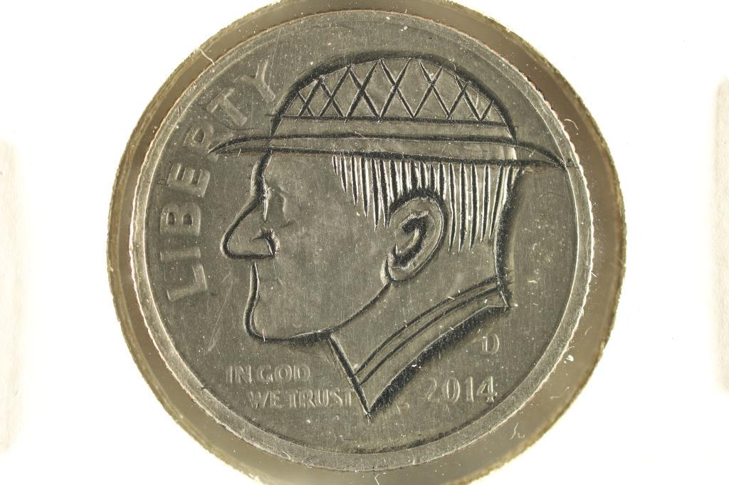 HOBO DIME ON A 2014-D ROOSEVELT DIME BRILLIANT UNC: NEAT PIECE HAND ENGRAVED, USUALLY DO NOT SEE DIMES DONE UP