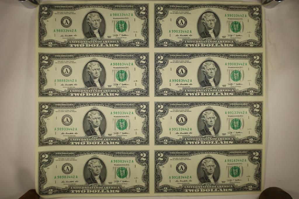 UNCUT SHEET OF 8-2009 US $2 FRN'S CRISP UNC (1 of 4)