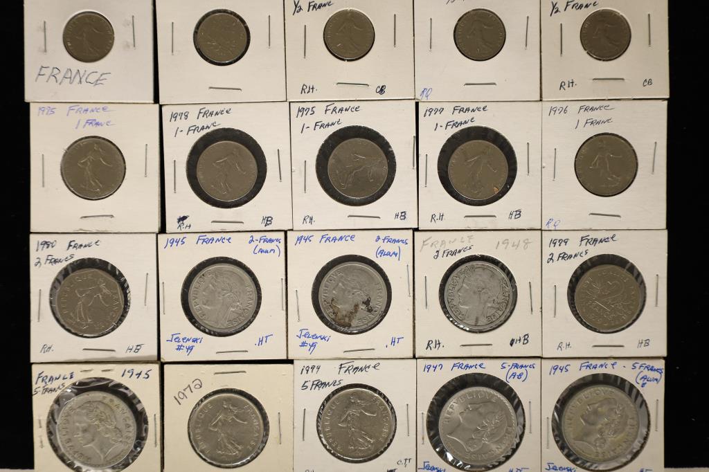 20 ASSORTED FRANCE COINS.  DATES FROM 1945-1994. (1 of 2)