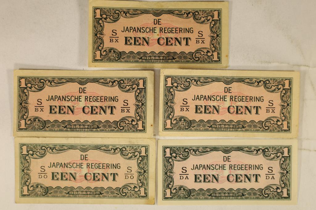 5-JAPANESE 1 CENT WII INVASION CURRENCY, 1 IS CU: NETHERLANDS EAST INDIES