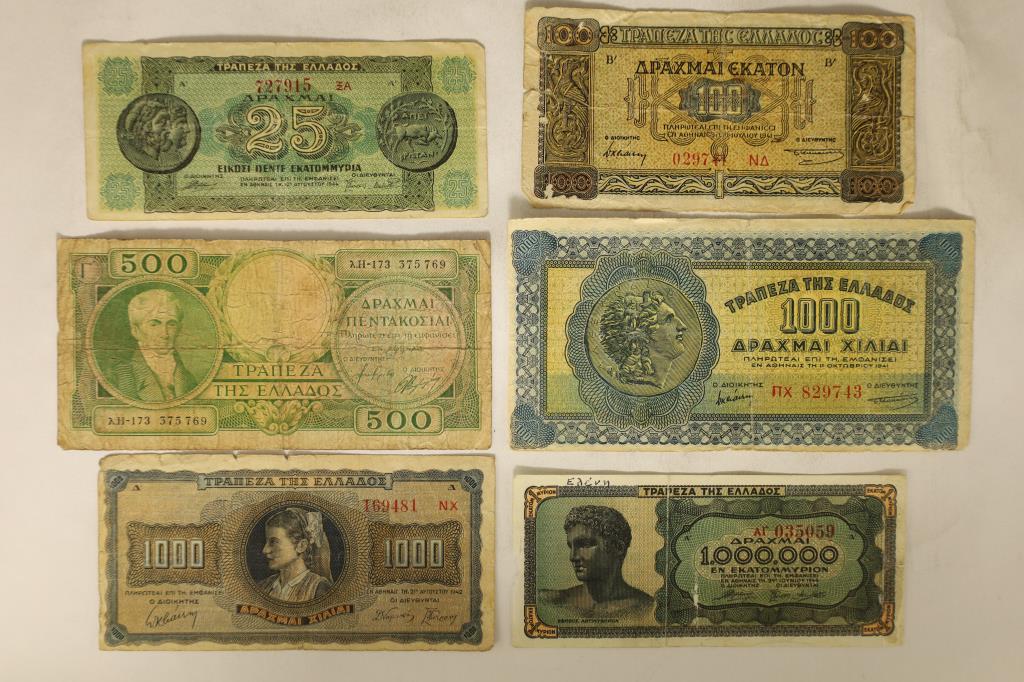 6-GREEK BILLS: 1944-25 APAXMAI, 1941-100 APAXMAI,: 1-500 APAXMAI, 1-1941-1000 APAXMAI, 1-1942-1000 APAXMAI AND 1944-1,000,000 APAXMAI. THE 1 MILLION HAS INK WRITING ON OBV.