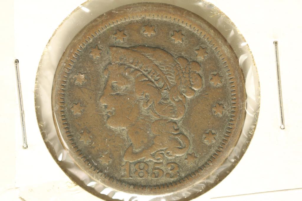1853 BRAIDED HAIR LARGE CENT VERY GOOD: WATCH FOR OUR NEXT AUCTION ON MON. MARCH 13TH, 2023 AT 7 PM EST