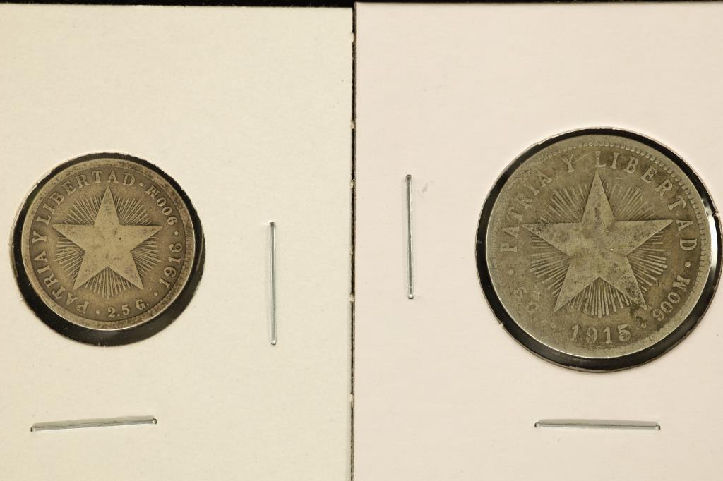 2-CUBA SILVER CENTAVO COINS: 1916-10 CENTAVOS: .0723 OZ. ASW AND 1915-20 CENTAVOS .1447 OZ. ASW