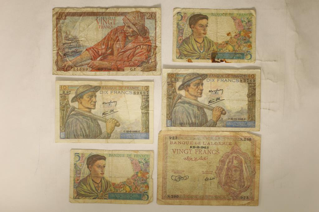 6 ASSORTED FRANCE BILLS: 2-1943 FIVE FRANCS, 2- (1 of 2)