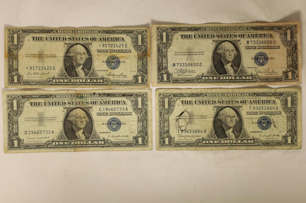 1935-C, 35-E, 1957-A & 1957-B US $1 SILVER CERTS: BLUE SEALS, SOME STAINS AND MARKS
