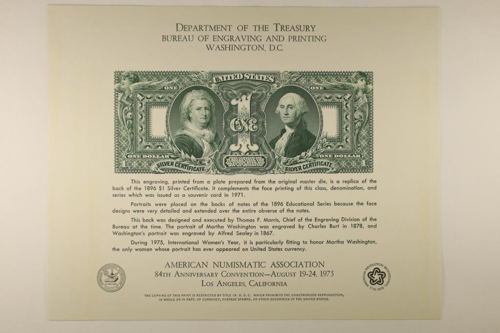 ANA 1975 LOS ANGELES, CALIFORNIA SOUVENIR CARD: FEATURING: AN ENGRAVING OF A REVERSE 1896 US $1 SILVER CERTIFICATE, PRINTED BY THE BUREAU OF ENGRAVING AND PRINTING
