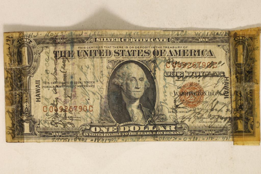 1935-A HAWAIIAN OVERPRINT BROWN SEAL US $1 BILL: WITH SIGNATURES AND TAPED EDGES FROM A SHORT SNORTER