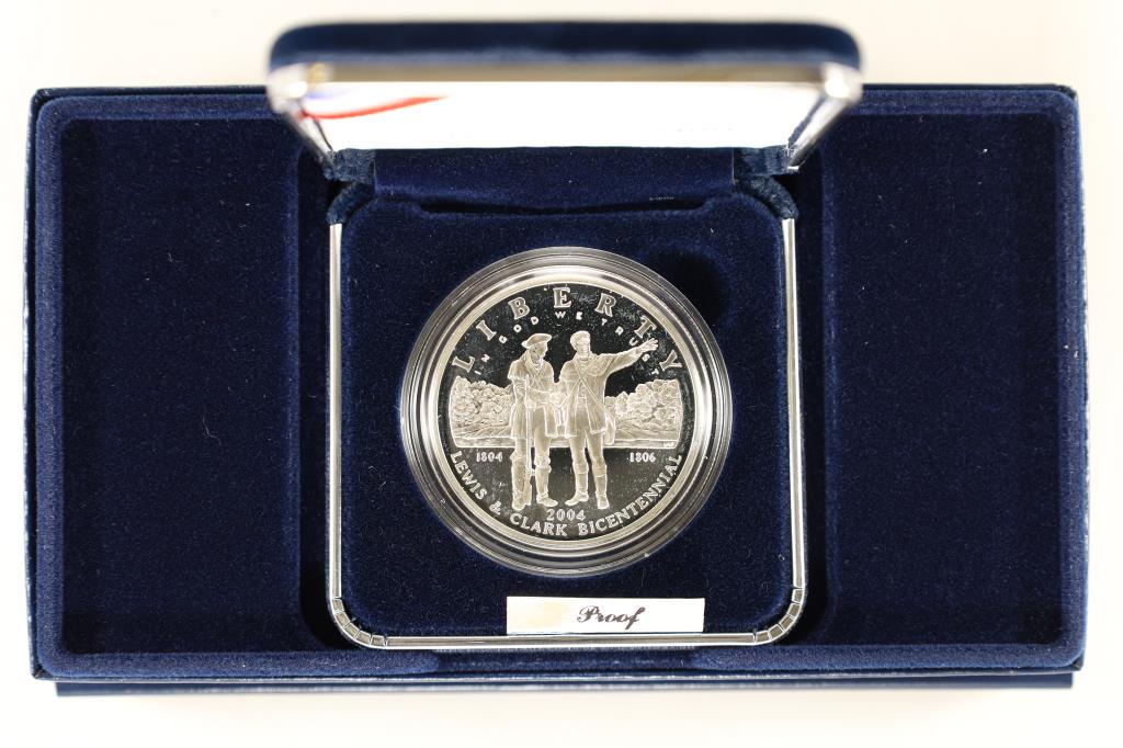 2004-P US PF SILVER DOLLAR LEWIS & CLARK: IN ORIGINAL US MINT PACKAGING WITH CERTIFICATE
