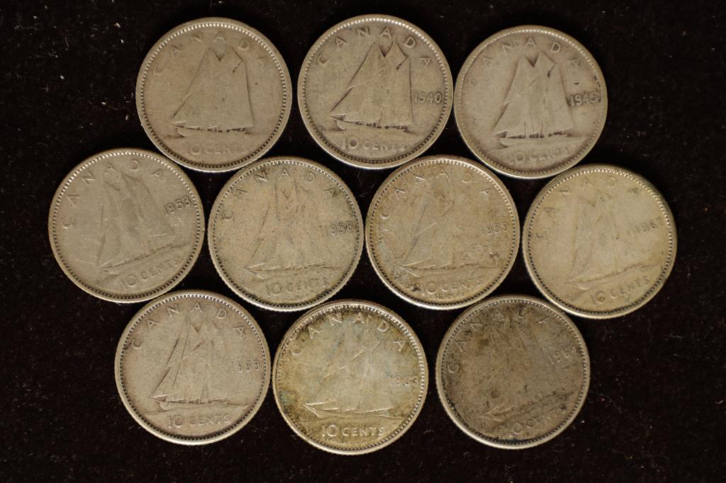 10 CANADA SILVER 10 CENTS COINS. 1940-1964 & 1 NO (1 of 2)