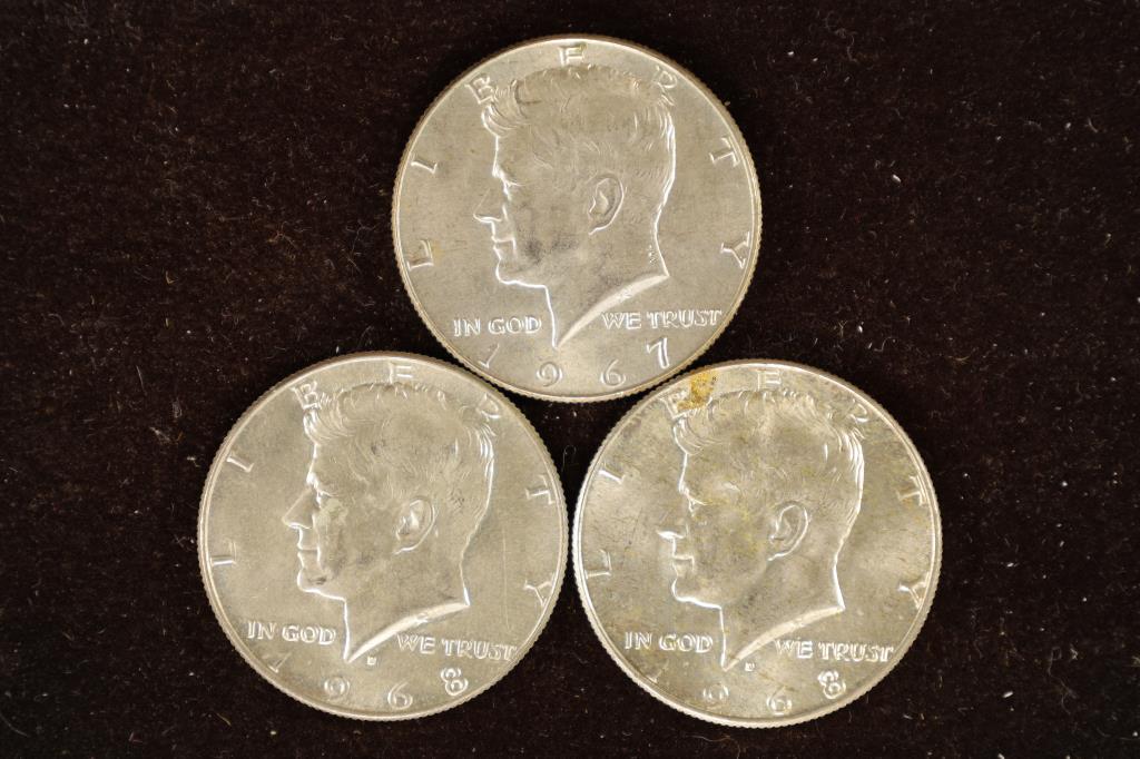 1967 & 2-1968-D JFK HALF DOLLARS. BRILLIANT UNC.: 40% SILVER JOHN F. KENNEDY HALVES, WATCH FOR OUR NEXT AUCTION ON MONDAY MARCH 27TH, 2023 AT 7 PM EST
