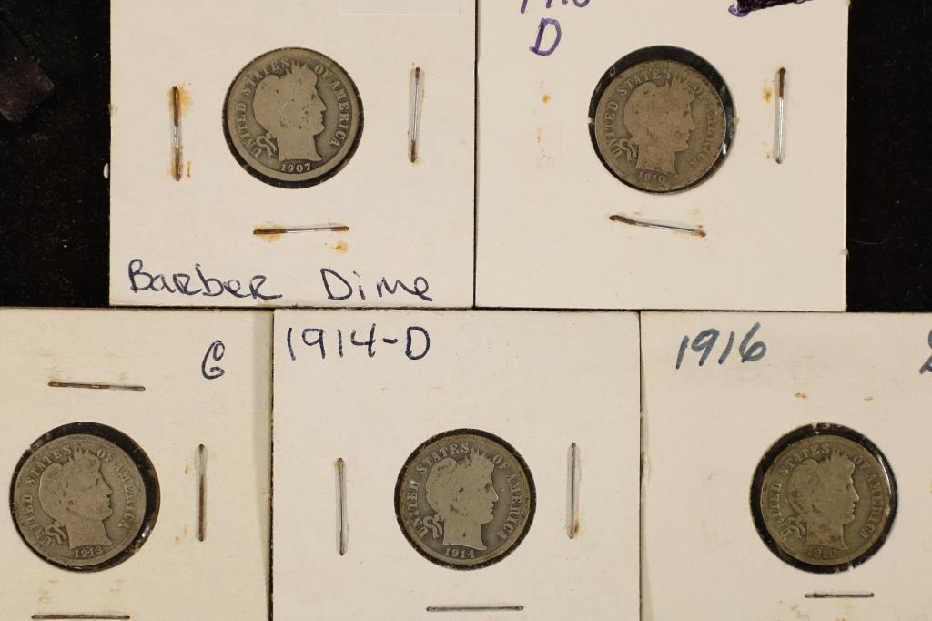 1907-D, 1910-D, 1913, 1914-D & 1916 BARBER DIMES: THE 1913 IS BENT
