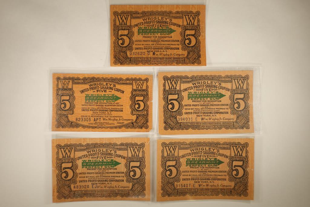 5 VINTAGE WM. WRIGLEY JR. COMPANY 5 UNITED PROFIT: SHARING COUPONS. CRISP UNC. WRIGLEY'S SPEARMENT PERFECT GUM.