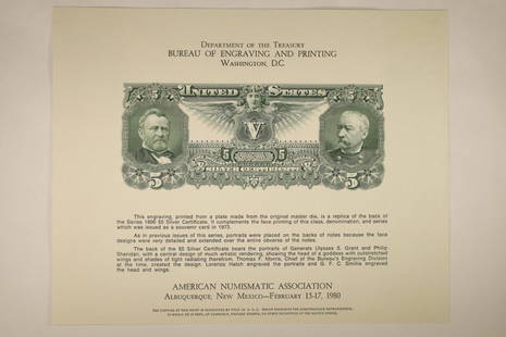 1980 ANA NEW MEXICO SOUVENIR CARD OF A REPLICA: REVERSE OF AND 1896 US $5 SILVER CERTIFICATE PRINTED BY THE THE BUREAU OF ENGRAVING AND PRINTING