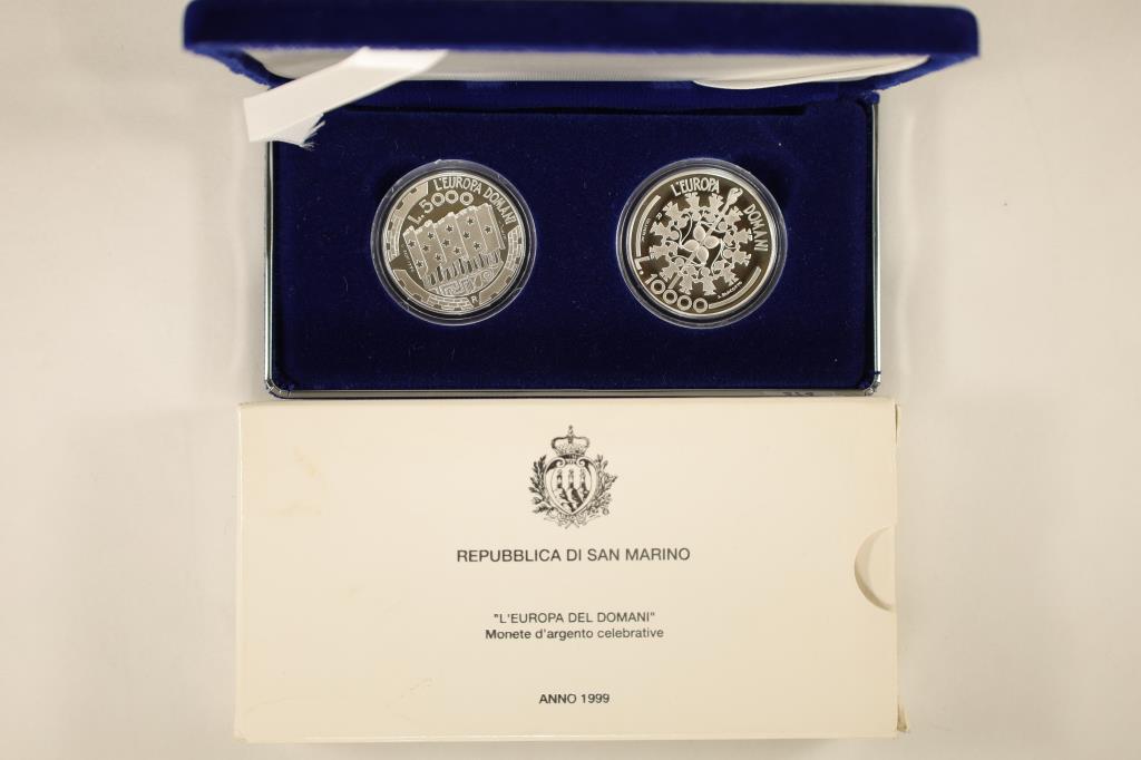 1999 SAN MARINO 2 PROOF SILVER COIN SET.5,000 LIRA (1 of 2)
