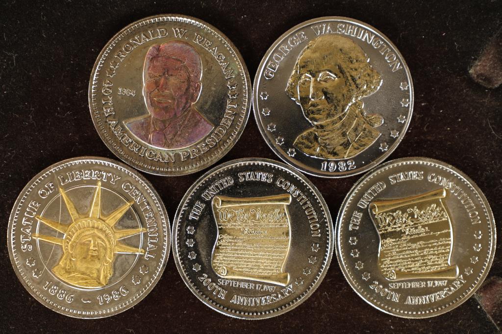 5 PARTIALLY GOLD PLATED DOUBLE EAGLES REAGAN, (1 of 2)