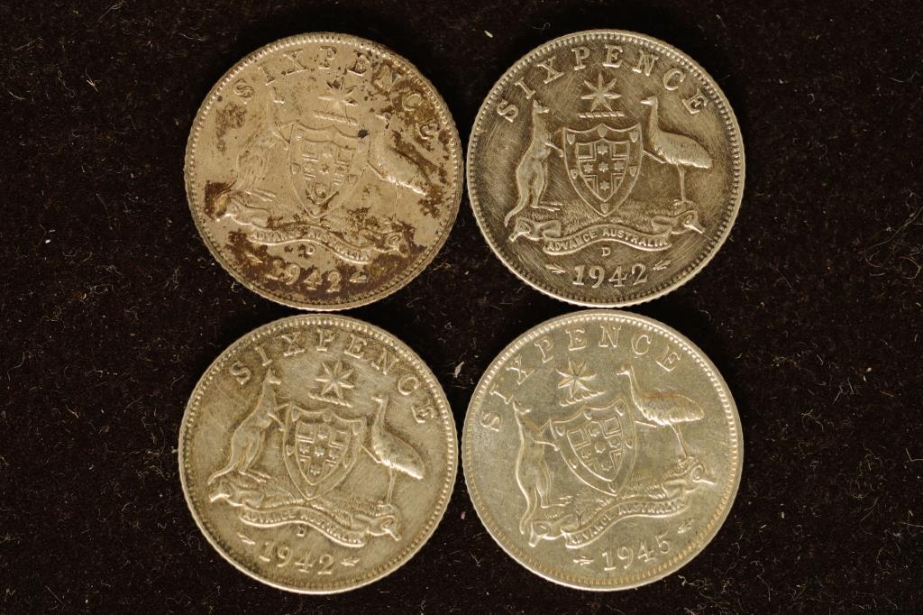 3-1942&1-1945 AUSTRALIA SILVER 6 PENCE .0842 OZASW: EACH, WATCH FOR OUR NEXT AUCTION ON MONDAY APRIL 3RD, 2023 AT 7 PM EDT