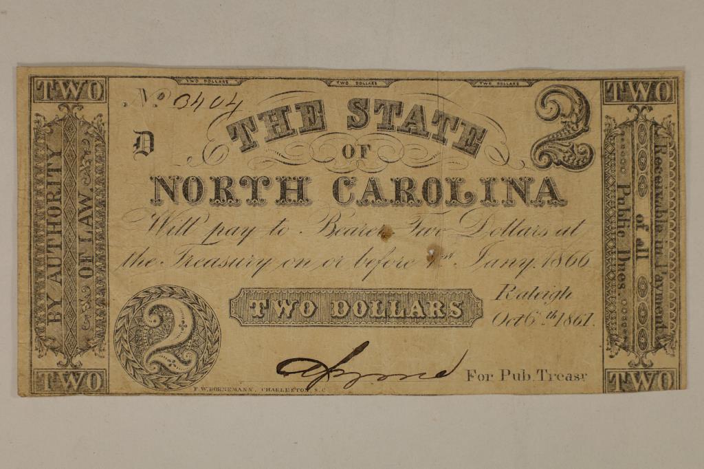 1866 $2 STATE OF NORTH CAROLINA OBSOLETE CURRENCY (1 of 2)