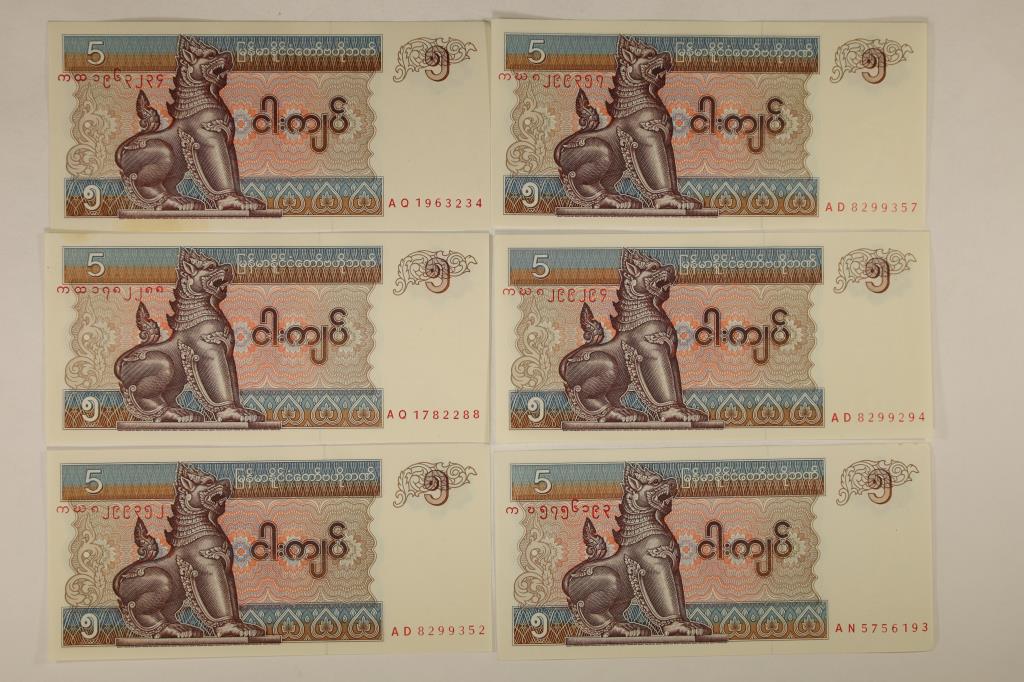 6 - 1997 BANK OF MYANMAR 5 KYAT CRISP UNC BILLS: WATCH FOR OUR NEXT AUCTION ON MONDAY APRIL 3RD, 2023 AT 7 PM EDT