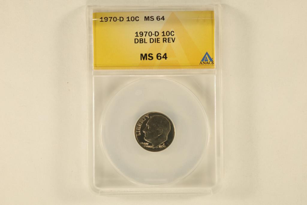 ERROR 1970-D ROOSEVELT DIME DDR ANACS MS64: WATCH FOR OUR NEXT AUCTION ON MONDAY APRIL 3RD, 2023 AT 7PM EDT.