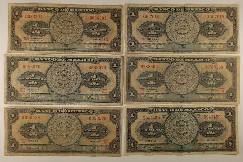 6 BANK OF MEXICO 1 PESO BILLS: 1945 - 1970.: MAY NOT CONTAIN ALL DATES AND MAY CONTAIN DUPLICATES.