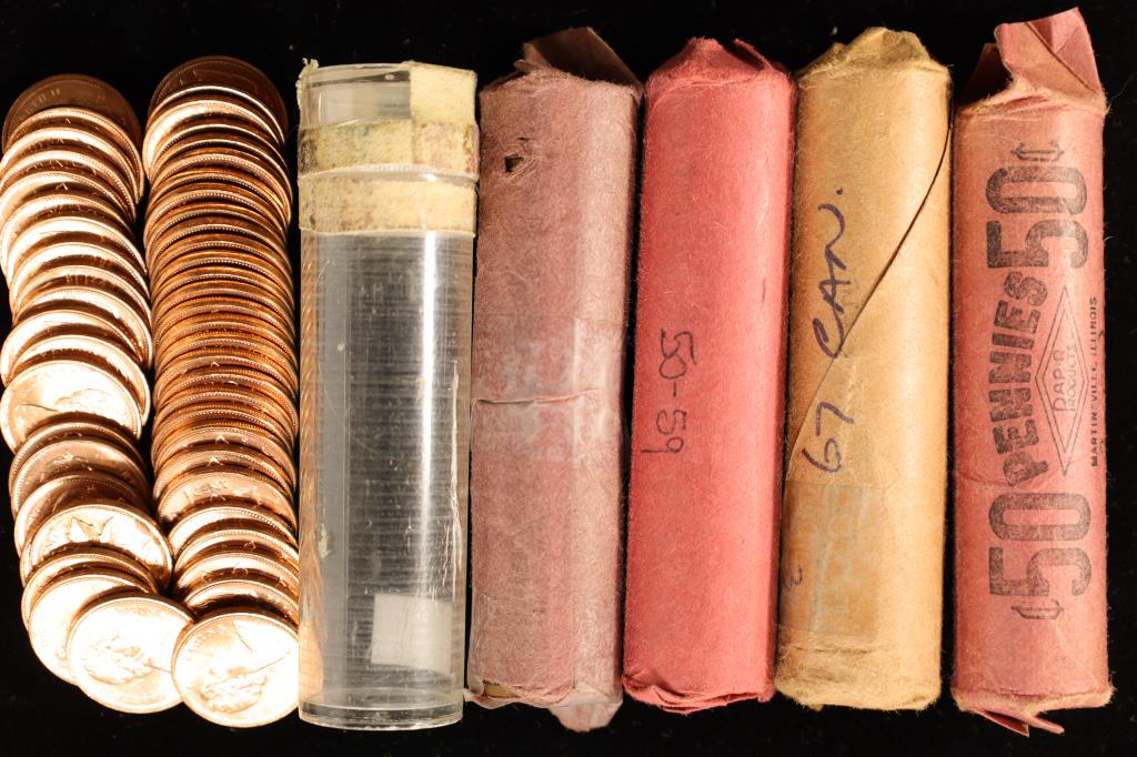 5 ROLLS OF CANADIAN 1 CENT COINS: 1950-1977. SOLID (1 of 1)
