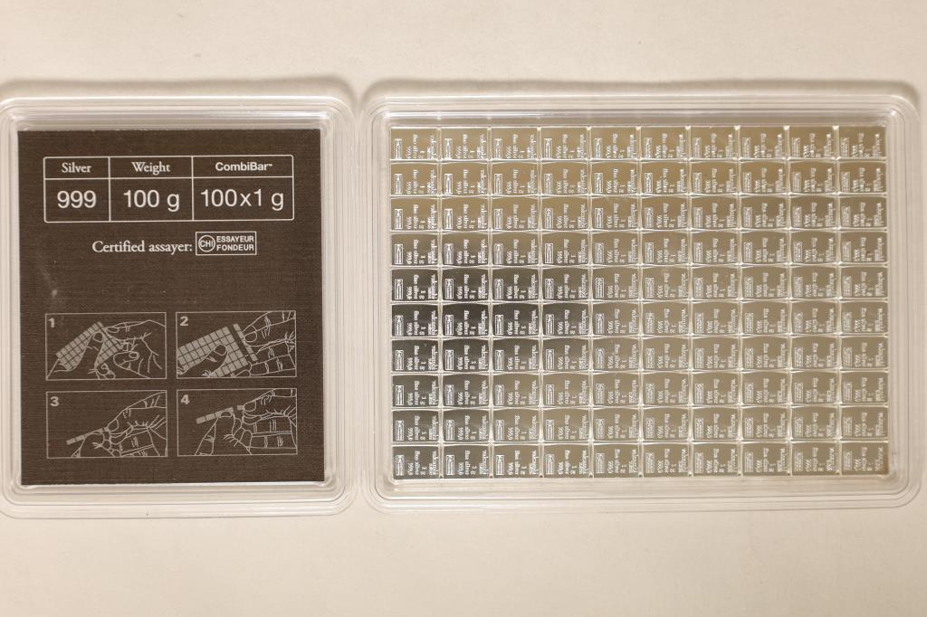 VALCAMBI SUISSE SILVER COMBI BAR. 100 X 1 GRAM (1 of 2)