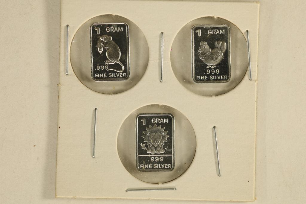 3 - 1 GRAM PROOF ANIMAL THEMED INGOTS: LION,: ROOSTER AND RAT.